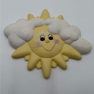 Vintage Smiling Sun Cloud Wall Plaque Nursery Ceramic 10” 90s